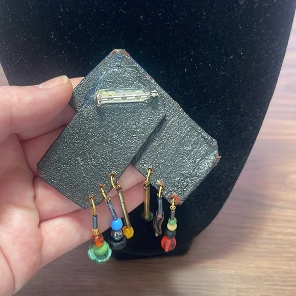 Vintage Hand Painted Genuine Leather Artisan Brooch & Earring Set